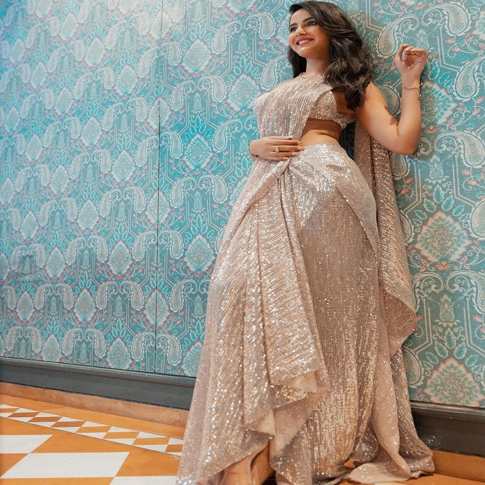 एक्ट्रेस की यह शिमरी साड़ी रहेगी परफेक्ट ।