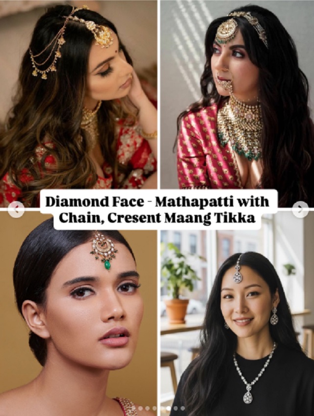 डायमंड शेप चेहरा (Diamond Face) क्रिसेंट या टीयरड्रॉप मांगटीका देगी एलीगेंट टच!