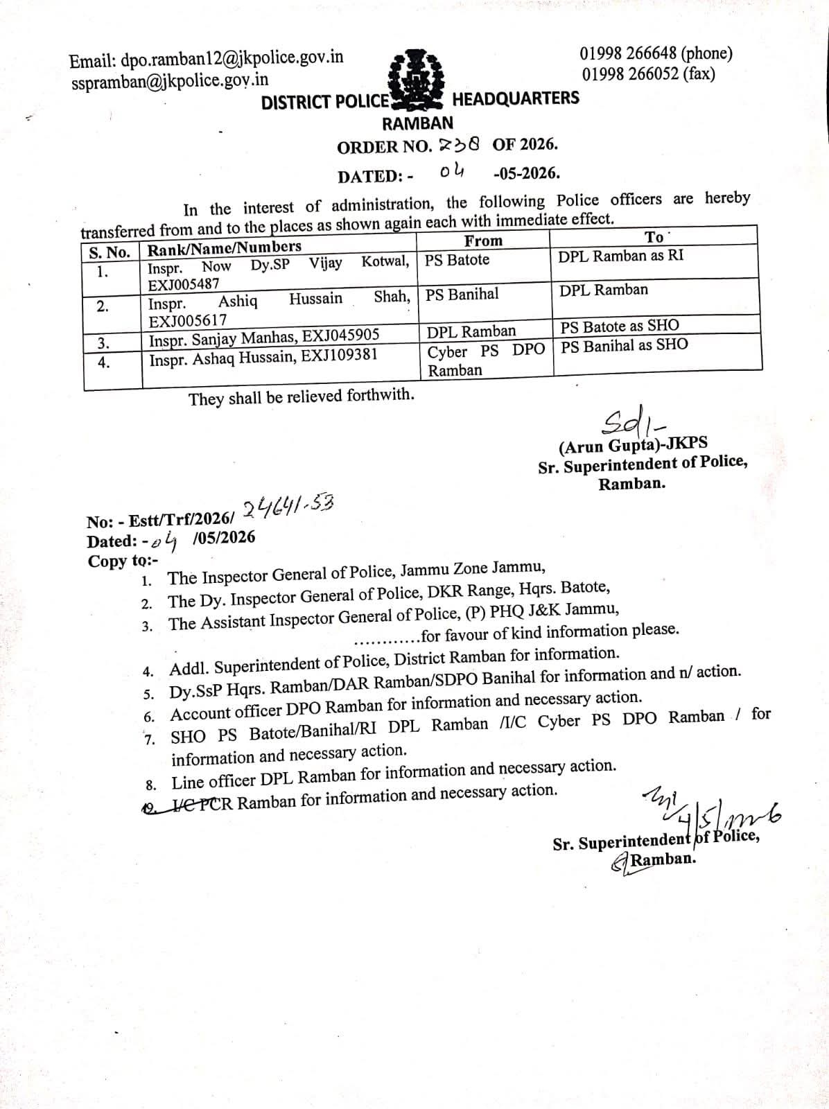 PunjabKesari, Ramban Police Officers Transfer
