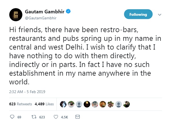 Have nothing to do with pubs and bars in my name in Delhi : Gambhir