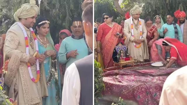 कथावाचक इंद्रेश उपाध्याय की बारात में बहनों ने जमकर लगाए ठुमके, राजस्थानी लुक ने जीता सबका दिल