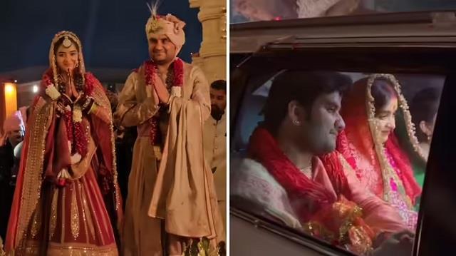 कथावाचक इंद्रेश उपाध्याय की पत्नी की पहली झलक—गुलाबी साड़ी में जीता सबका दिल