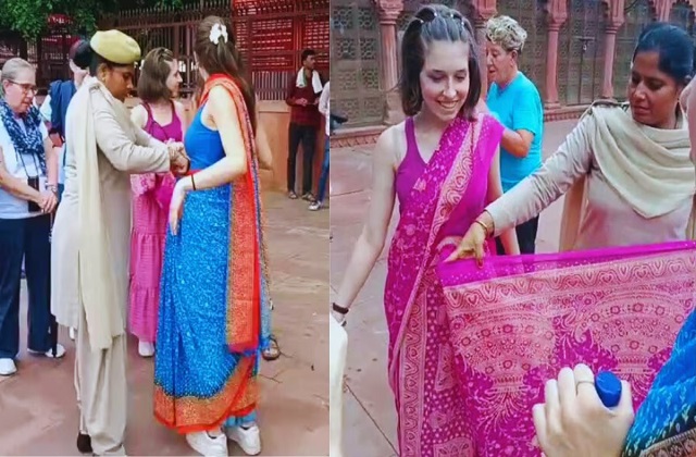 ताजमहल घूमने आई विदेशी महिलाओं के लिए '' गुरु'' बनी महिला कांस्टेबल, सिखाया  साड़ी बांधने का देसी स्टाइल - lady constable helps two italian women wear  saree during taj ...