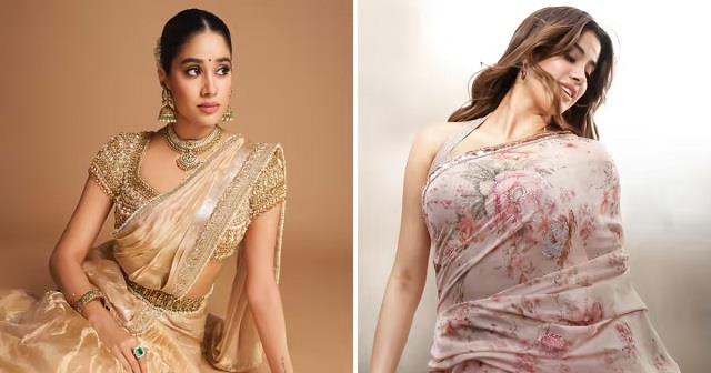 जाह्नवी साड़ी में दिखाती रहीं अदाएं, पीछे से आईं 52 साल की रवीना और लूट ले गईं महफिल