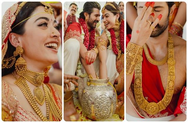 एक दूसरे के हुए विजय और रश्मिका,  सोने से लदे दूल्हा-दुल्हन का छाया Royal Look