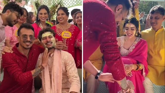 कुलदीप की हल्दी में युजवेंद्र चहल की मस्ती, पिंक साड़ी में दुल्हन संग दूल्हे ने शेरवानी में की ट्विनिंग
