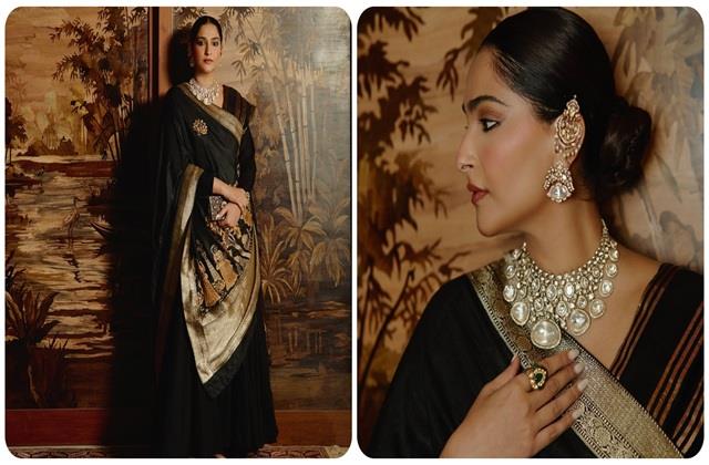 सोनम कपूर ने ब्लैक साड़ी में ढाया कहर, Diamond Necklace में लगी एकदम राजकुमारी
